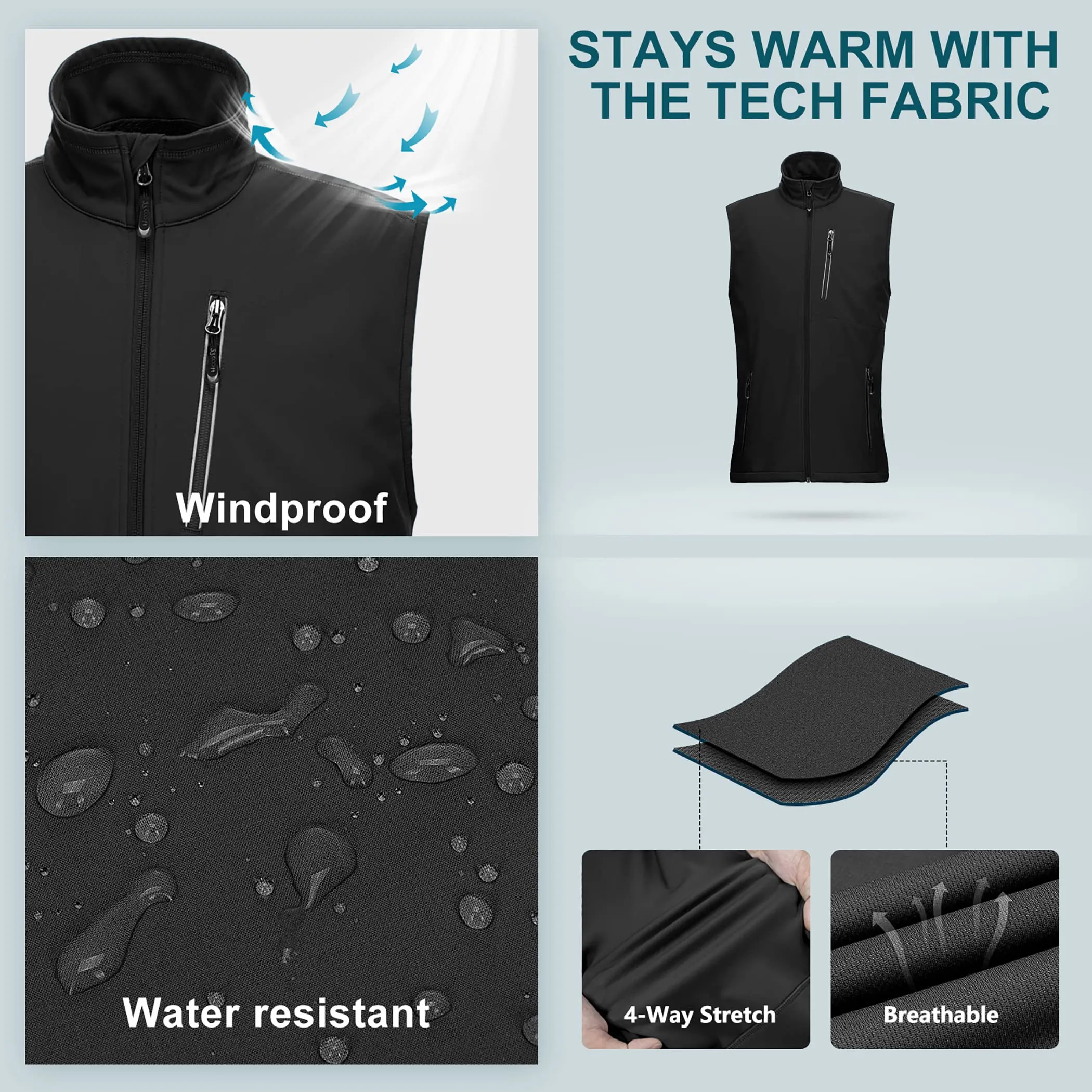 33,000ft Men's Windproof Lightweight Golf Vest Outerwear with Pockets, Softshell Sleeveless Jacket for Running Hiking Sports