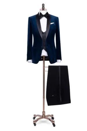 Archibald Stylish Navy Blue Shawl Lapel Three-Piece Velvet Suit