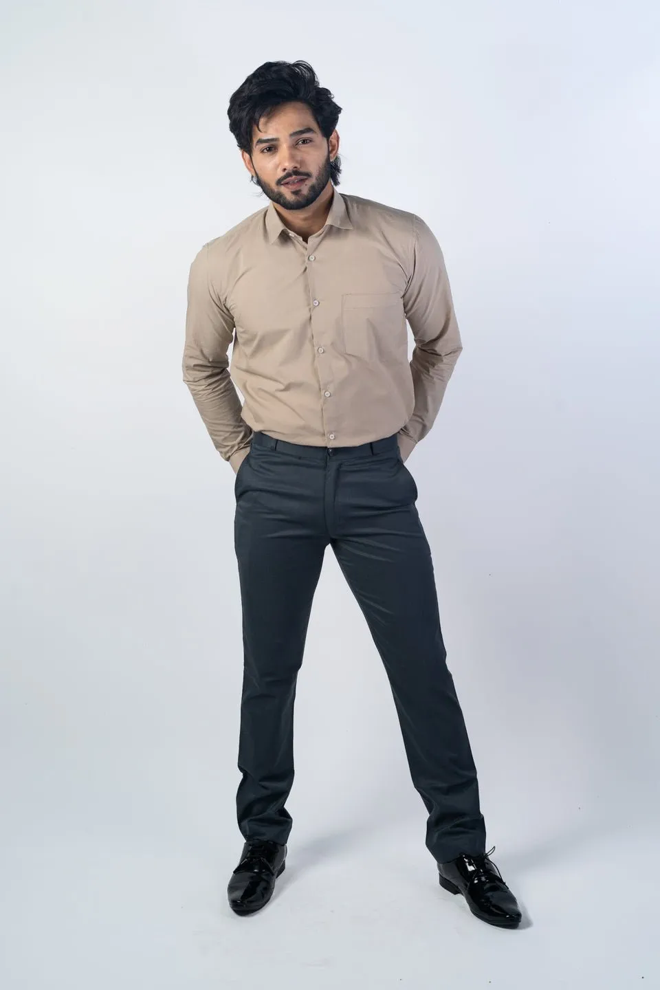 Beige Color Lycra Twill Cotton Shirt For Men