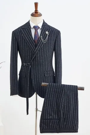 Bernard Stylish Black Striped Slim Fit Business Suit with Adjustable Belt