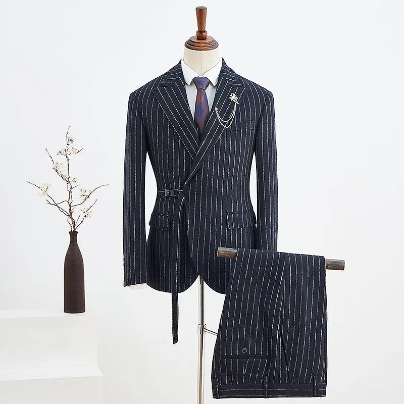 Bernard Stylish Black Striped Slim Fit Business Suit with Adjustable Belt