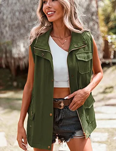 Beyove Women's Casual Military Utility Vest Lightweight Sleeveless Drawstring Jackets with Pockets