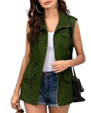 Beyove Women's Casual Military Utility Vest Lightweight Sleeveless Drawstring Jackets with Pockets