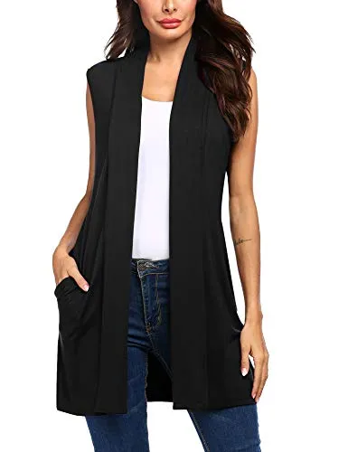 Beyove Women's Sleeveless Open Front Cardigan Fashion Fall Long Petite Cardigans Vests with Pockets Black S