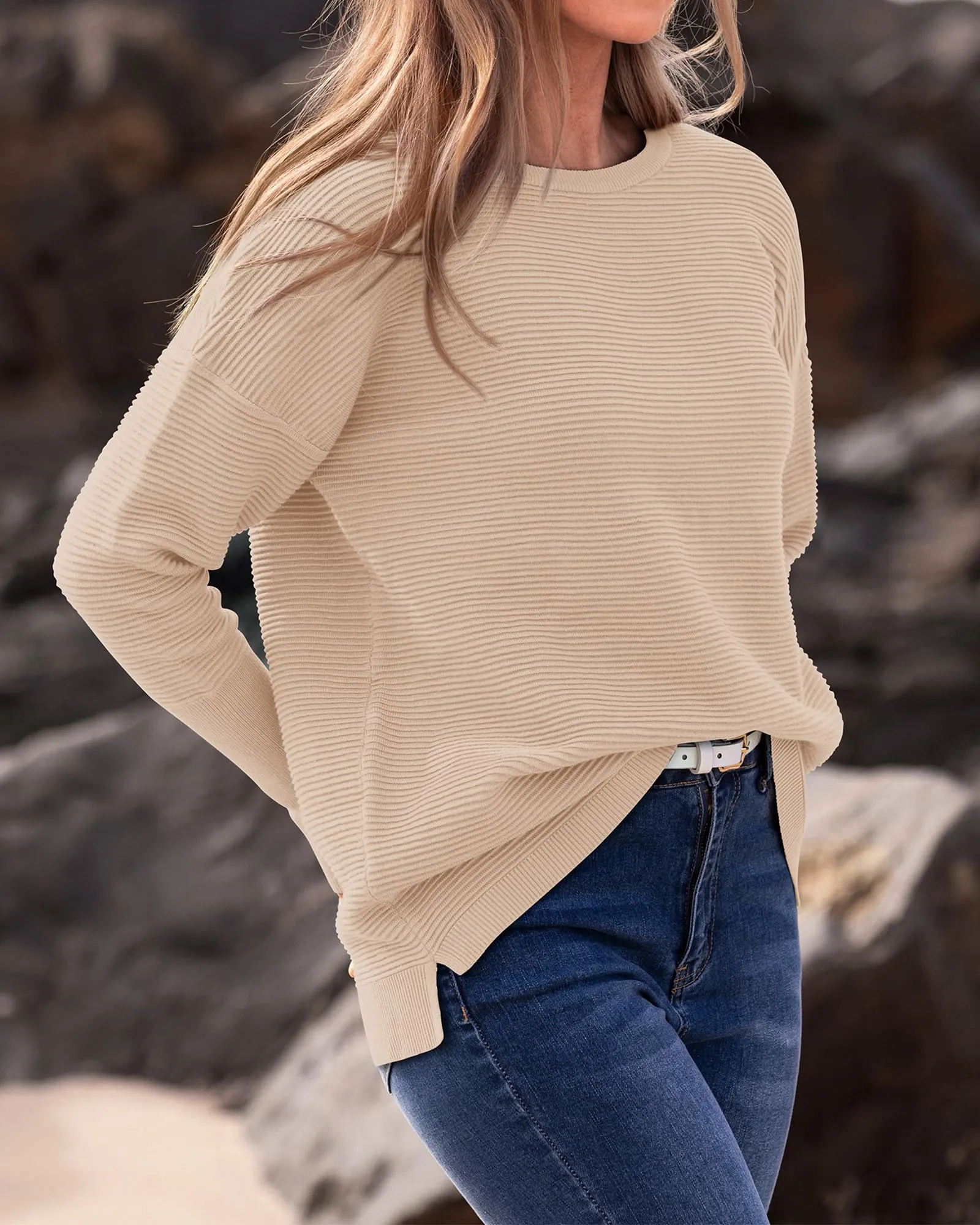 BTFBM Casual Women 2023 Fall Sweater Long Sleeve Ribbed Knit Pullover Loose Crewneck Batwing Split Sweater(Solid Apricot,Large)