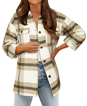 BTFBM Women's Long Sleeve Button Down Jackets Plaid Flannel Shirts Tops Casual Lapel V Neck Oversized Shackets Blouses Top (Medium, Plaid Red)