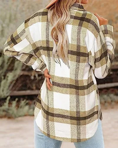 BTFBM Women's Long Sleeve Button Down Jackets Plaid Flannel Shirts Tops Casual Lapel V Neck Oversized Shackets Blouses Top (Medium, Plaid Red)