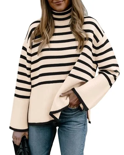 BTFBM Women's Winter Sweaters Casual Turtleneck Long Sleeve Striped Side Slit Loose Pullover Sweater Knit Jumper Tops(Striped Beige, Small)