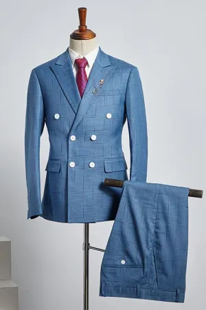 Cash Stylish Blue Plaid Peak Lapel Double Breasted Custom Business Suit