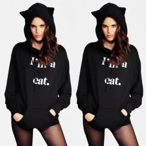 Cat Style Letter Print Pocket Long Hoodie