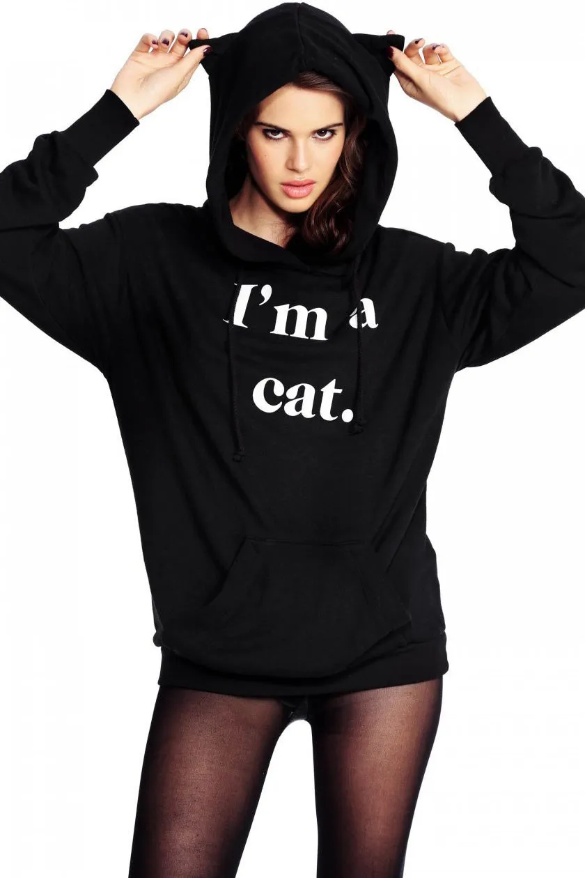 Cat Style Letter Print Pocket Long Hoodie