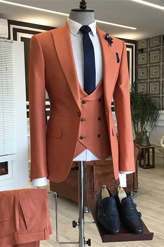 Chasel Stylish Orange Peaked Lapel Three-Piece Prom Suit For Men