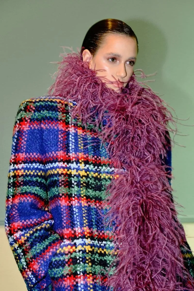 CHECKERED TWEED BOA PURPLE COAT