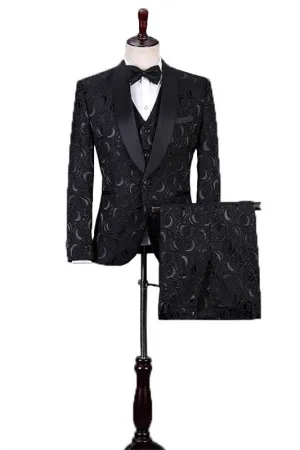 Chic Stylish Black Jacquard Three-Piece Shawl Collar Wedding Suit