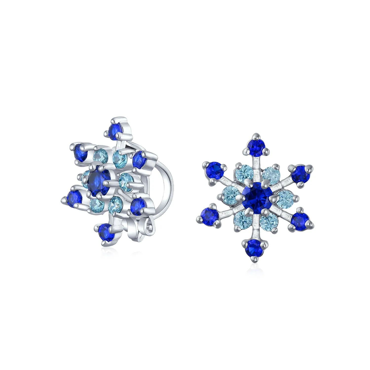 Christmas Party CZ Aqua Star Snowflake Clip-On Earrings No Piercing Silver Plated