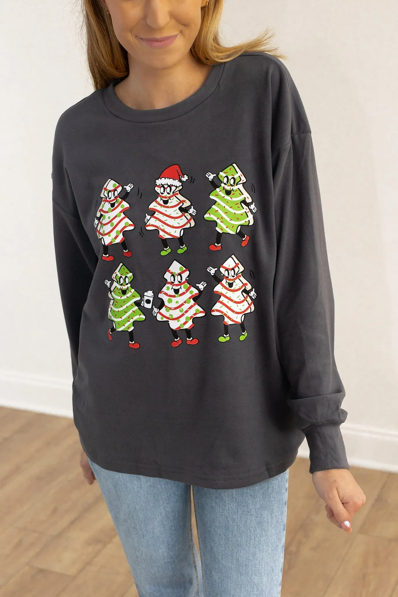 Christmas Trees on Grey Crazy Cozy Microfleece Crewneck