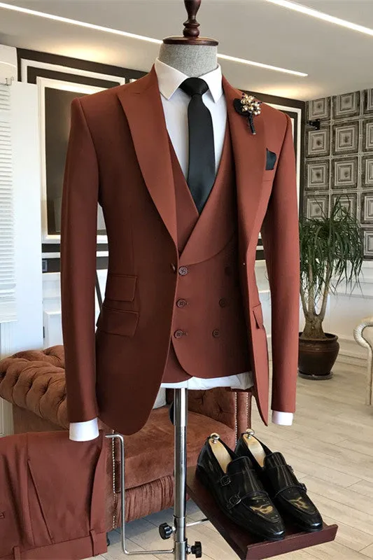 Ethan Rufous Peaked Lapel Three-Piece Stylish Prom Suit For Men