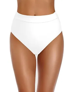 Flattering High Cut Swim Bottom Swimsuit High Waisted Bikini Bottoms-White