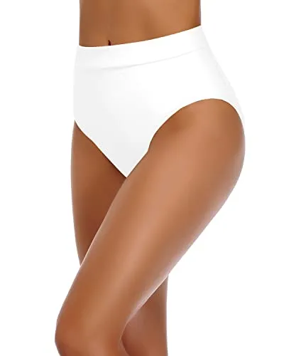 Flattering High Cut Swim Bottom Swimsuit High Waisted Bikini Bottoms-White