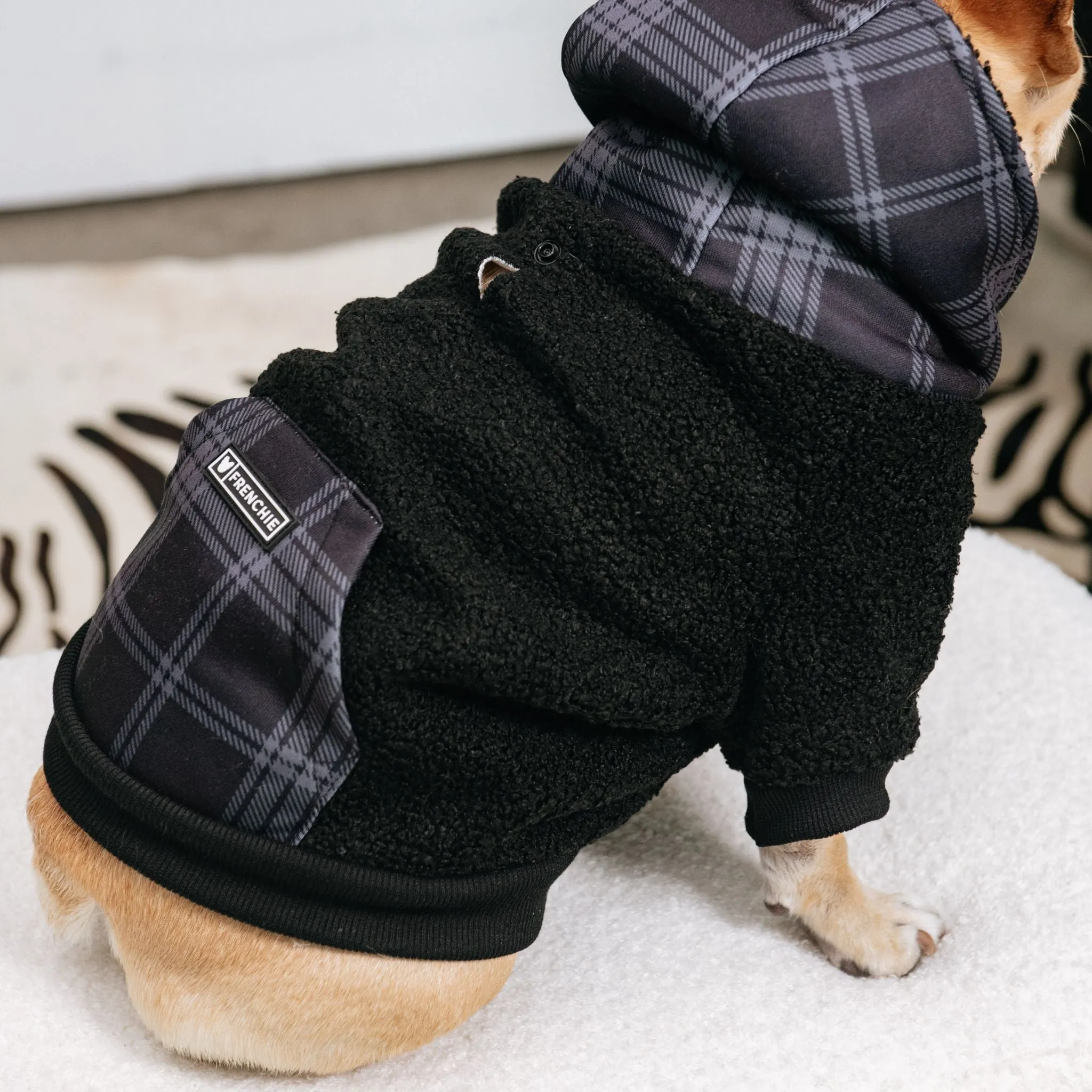 Frenchie Dog Hoodie - Black Plaid