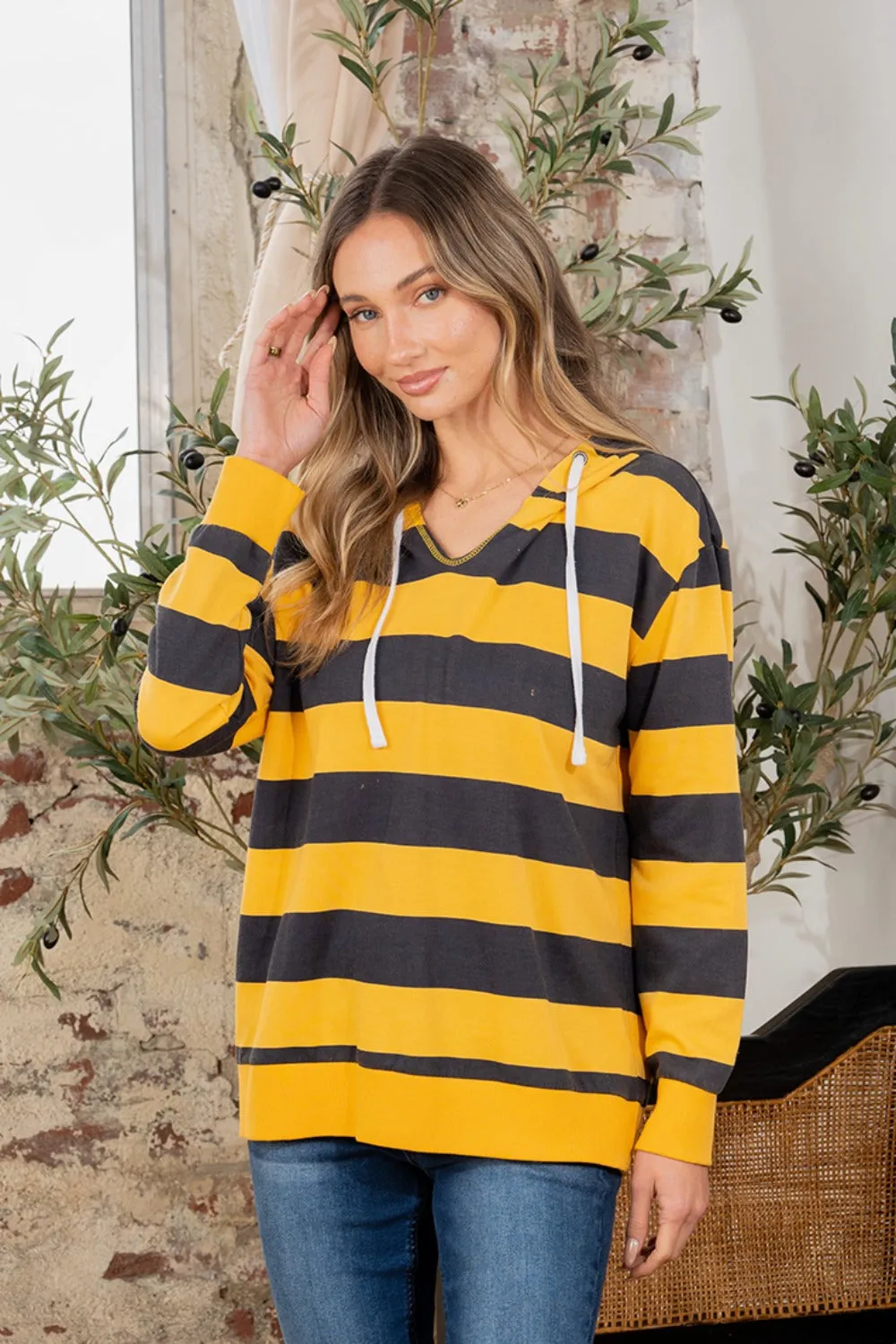 Full Size Drawstring Striped Long Sleeve Hoodie