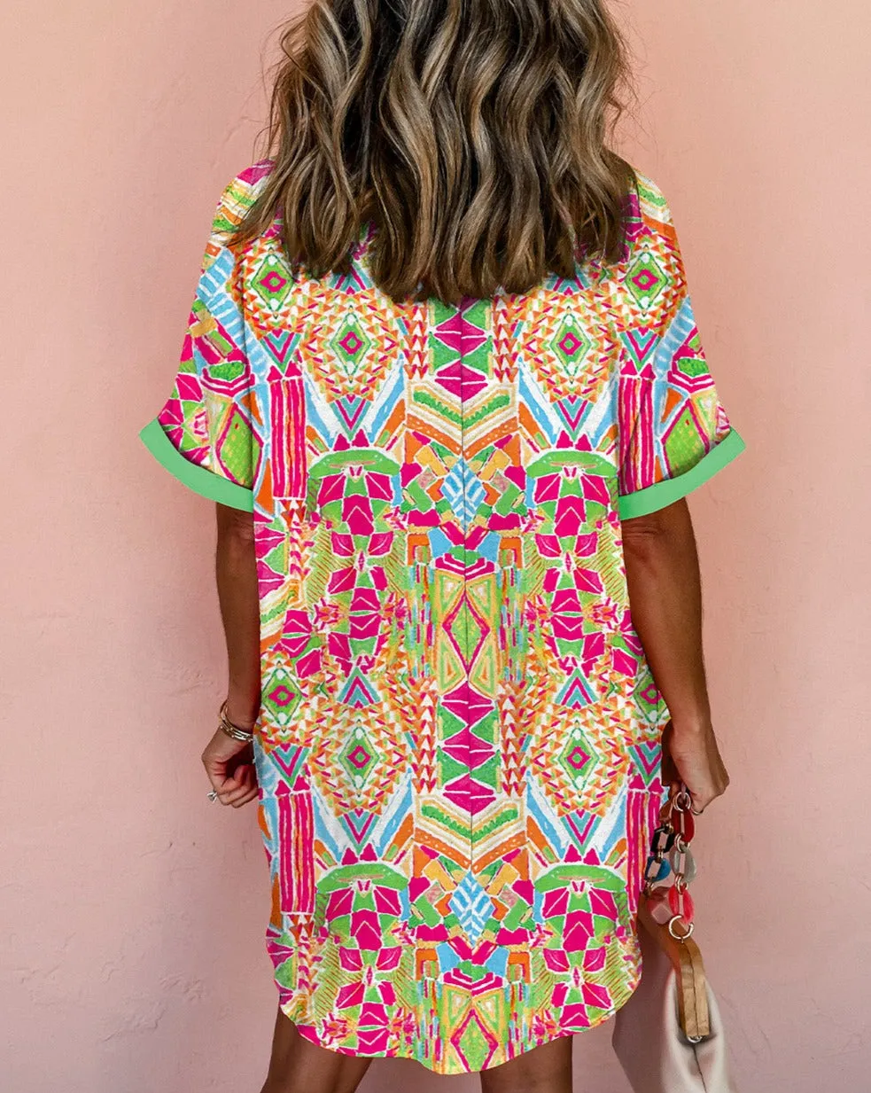 Geometric Short Sleeve Buttoned Dress