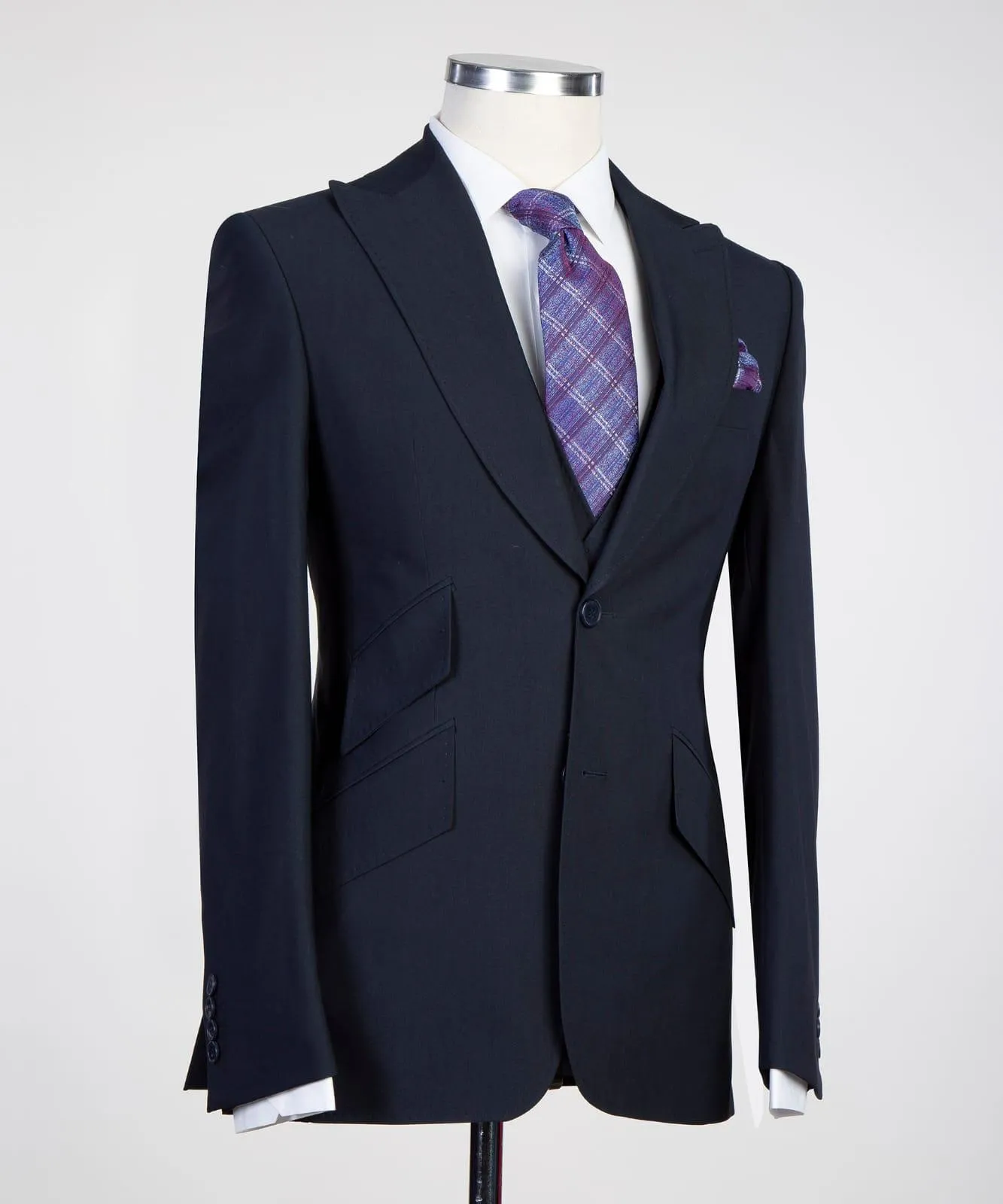 Graham Stylish Dark Navy Three-Piece Peak Lapel Men’s Suits