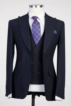 Graham Stylish Dark Navy Three-Piece Peak Lapel Men’s Suits