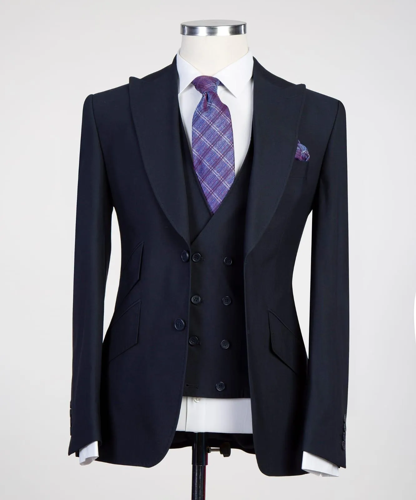 Graham Stylish Dark Navy Three-Piece Peak Lapel Men’s Suits