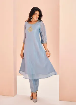 Grey Straight Salwar Suit with Organza Fabric