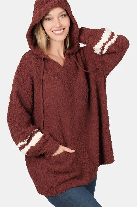 Hooded Front Pocket Popcorn Sweater