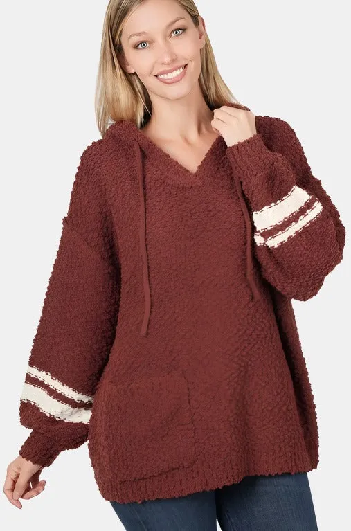 Hooded Front Pocket Popcorn Sweater