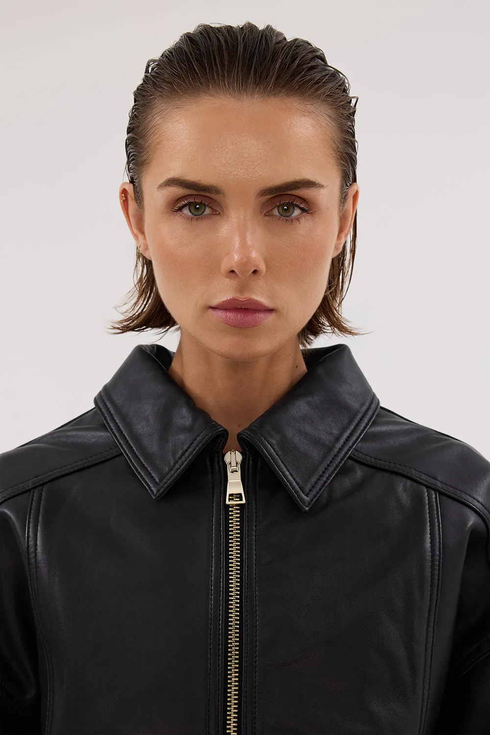 HUTTON BLACK LEATHER BOMBER JACKET