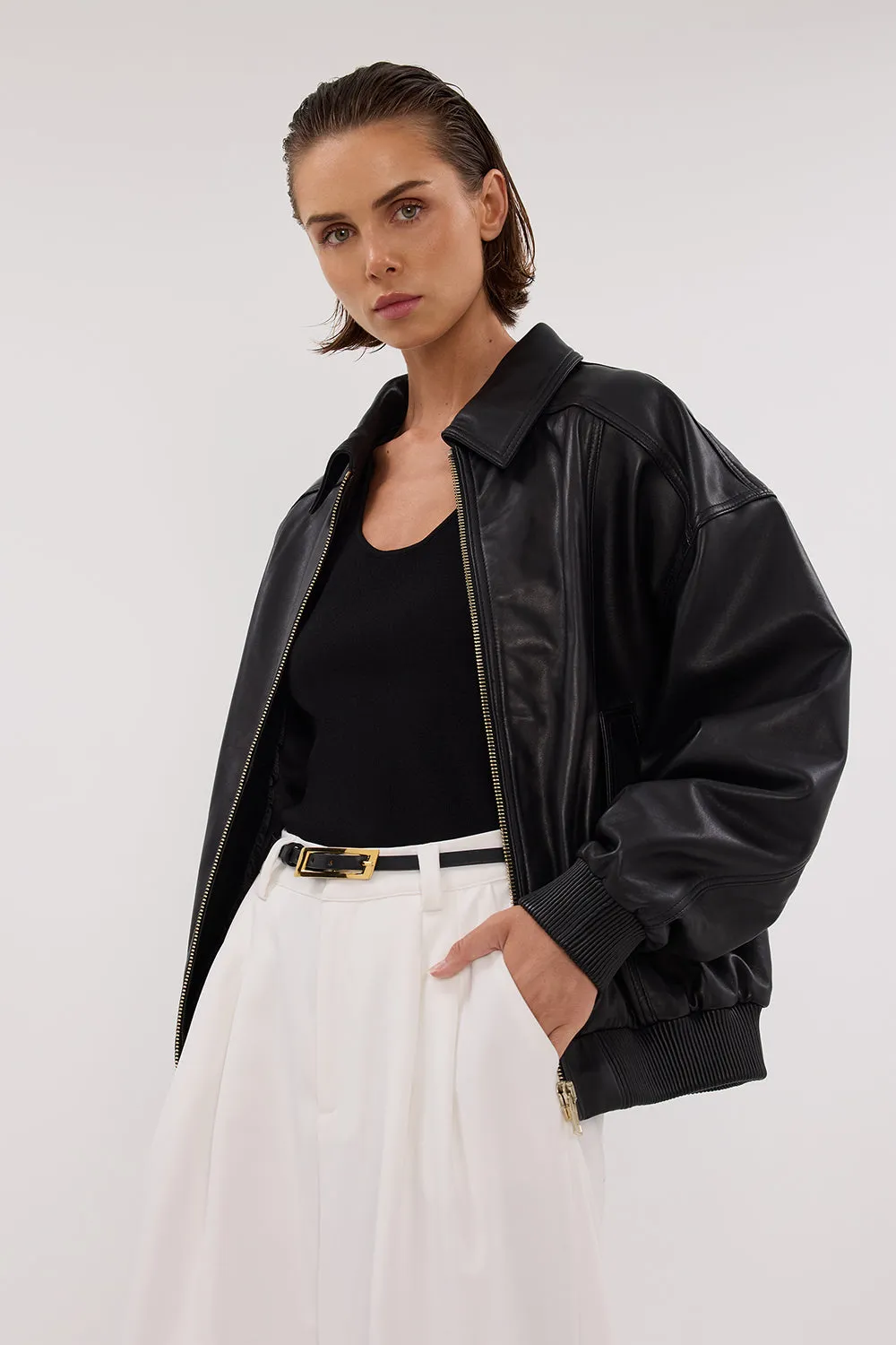 HUTTON BLACK LEATHER BOMBER JACKET