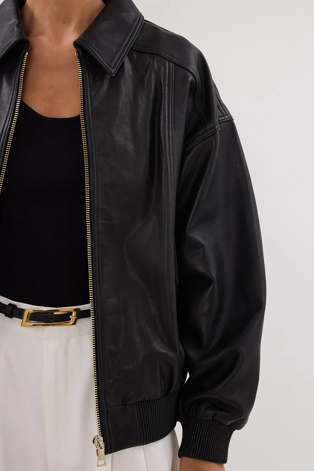 HUTTON BLACK LEATHER BOMBER JACKET