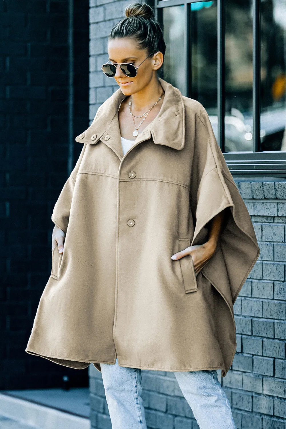 Khaki Snap Button Turn-down Collar Cape Coat