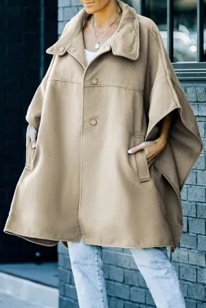 Khaki Snap Button Turn-down Collar Cape Coat