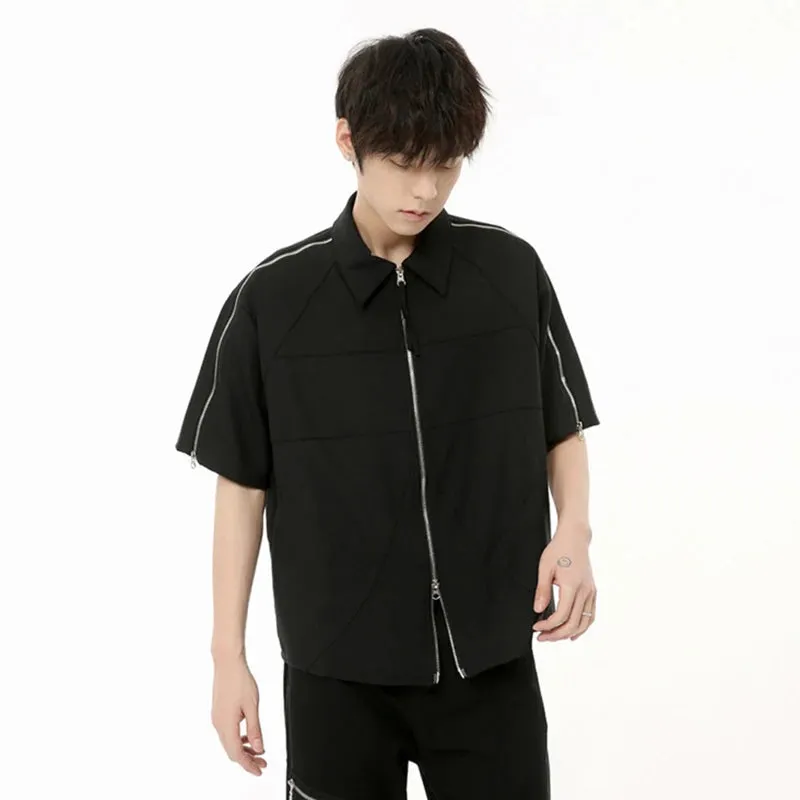 Korean Style Men's Jackets Metal Zippers Patchwork Turn-down Collar Short Sleeve Solid Color Male Coats Summer 9C6670