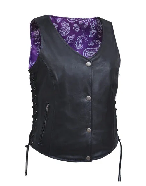 Ladies Leather Vest with Purple Paisley Lining 6890 WV