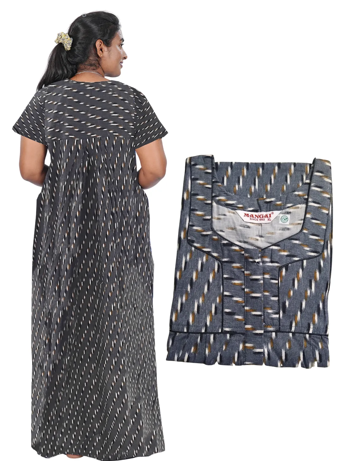 MANGAI New Regular Fit Cotton Printed Pleated Nighties - All Over Printed Stylish Nighties  | Side Cut Pocket | Front Open Zipper Type | Beautiful Nighties for Stylish Women's (PLE)