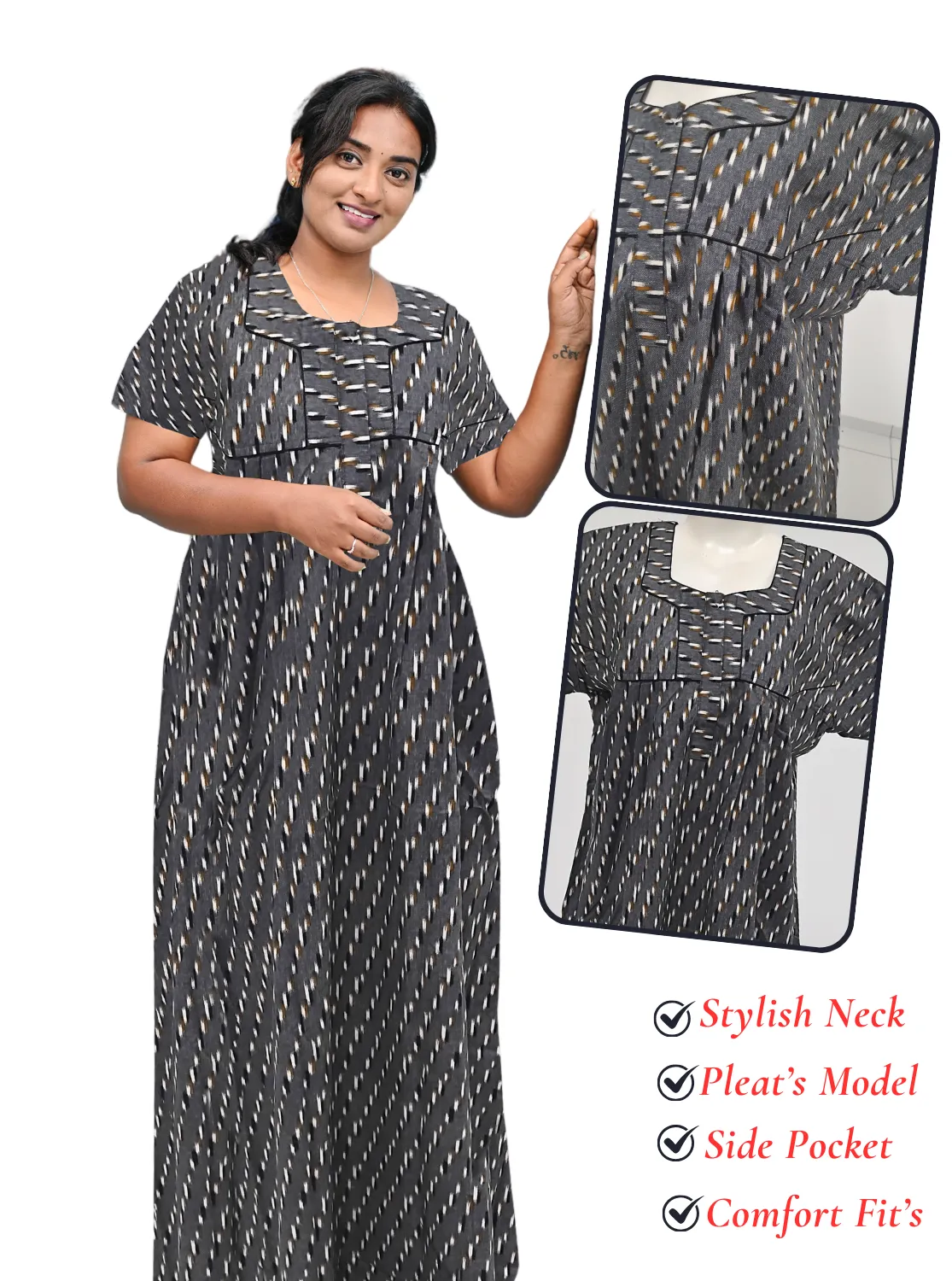 MANGAI New Regular Fit Cotton Printed Pleated Nighties - All Over Printed Stylish Nighties  | Side Cut Pocket | Front Open Zipper Type | Beautiful Nighties for Stylish Women's (PLE)