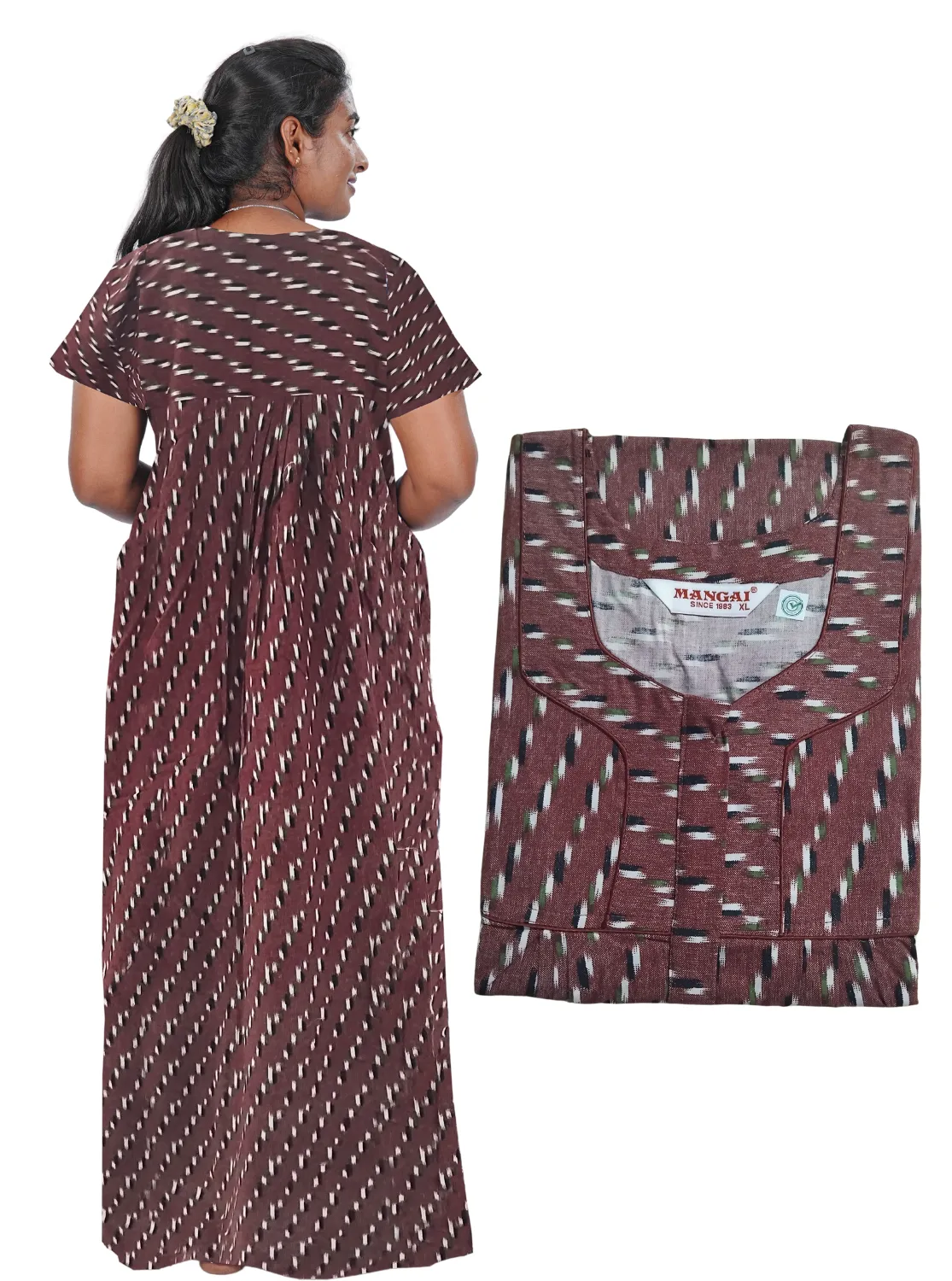 MANGAI New Regular Fit Cotton Printed Pleated Nighties - All Over Printed Stylish Nighties  | Side Cut Pocket | Front Open Zipper Type | Beautiful Nighties for Stylish Women's (PLE)