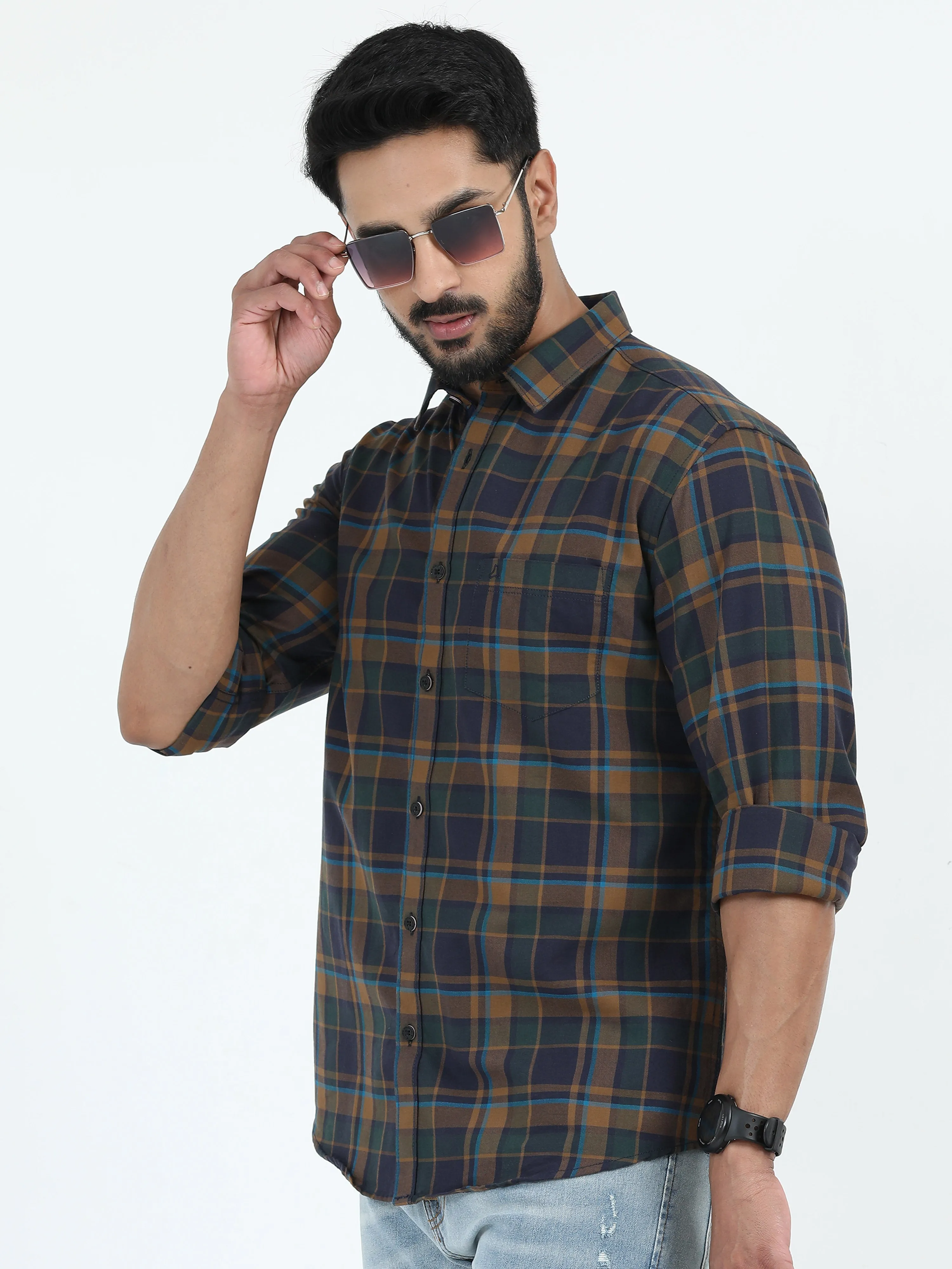 MEN'S KHA GREEN CHECKS SLIM FIT SHIRT