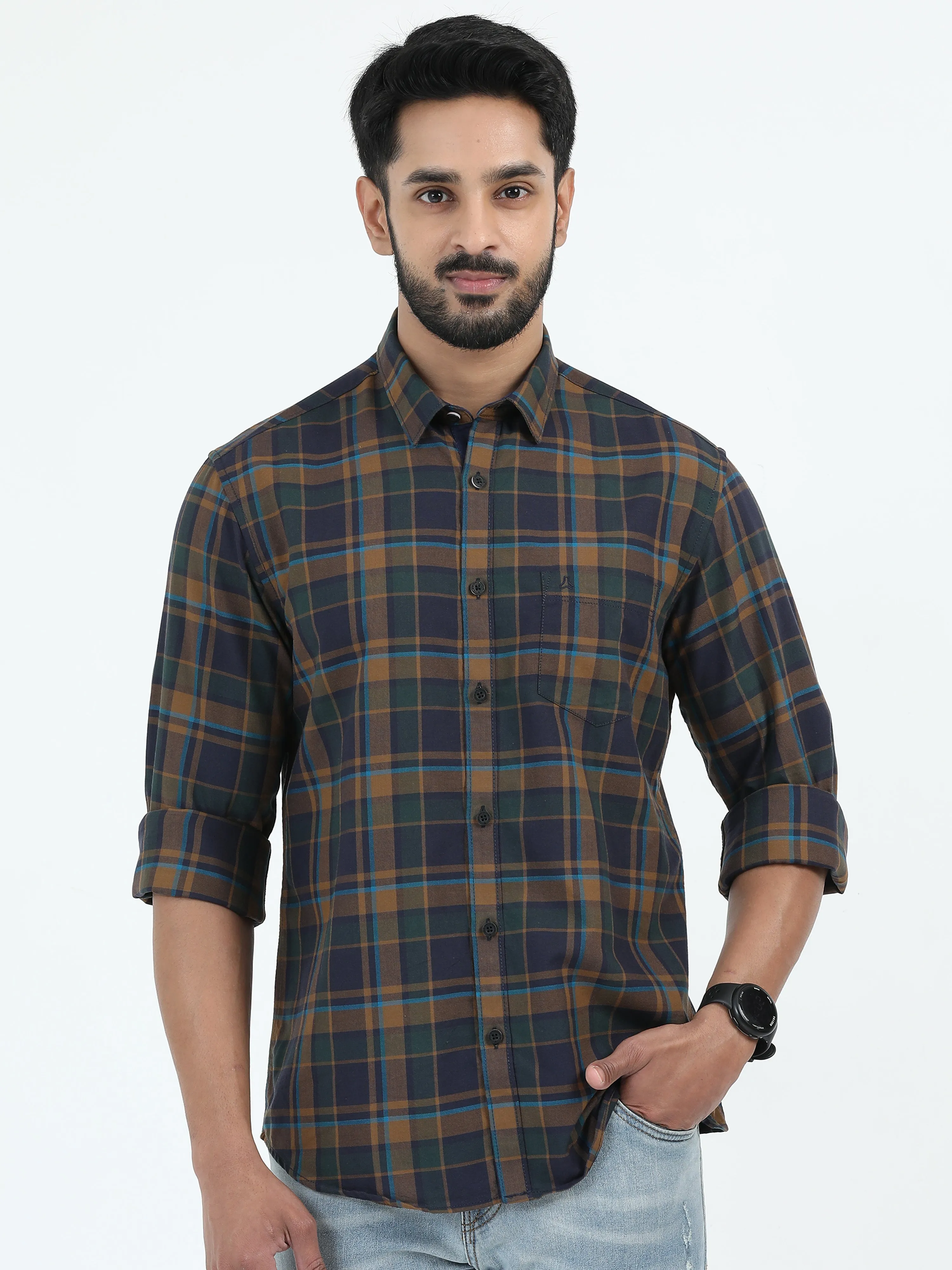 MEN'S KHA GREEN CHECKS SLIM FIT SHIRT