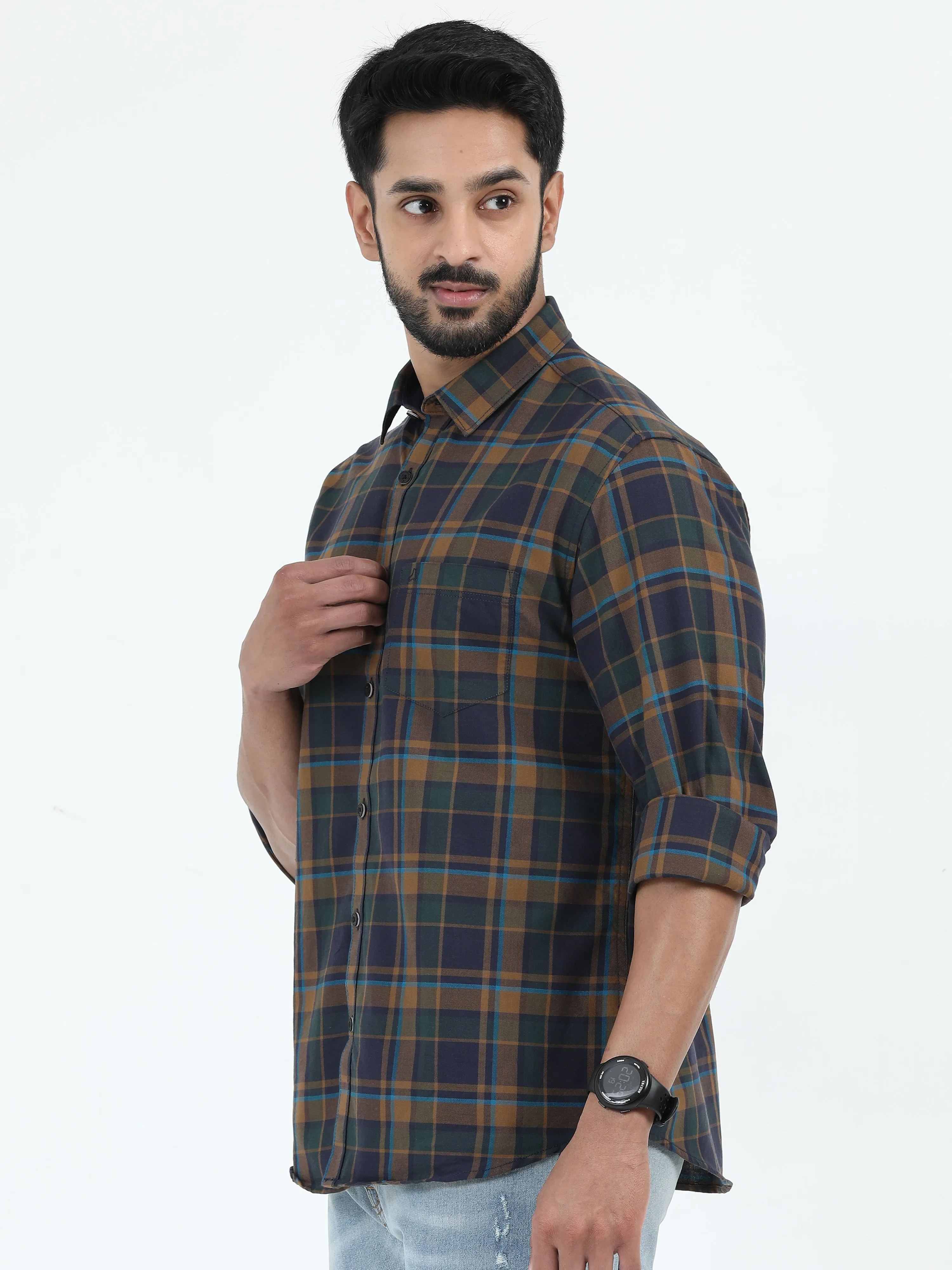 MEN'S KHA GREEN CHECKS SLIM FIT SHIRT