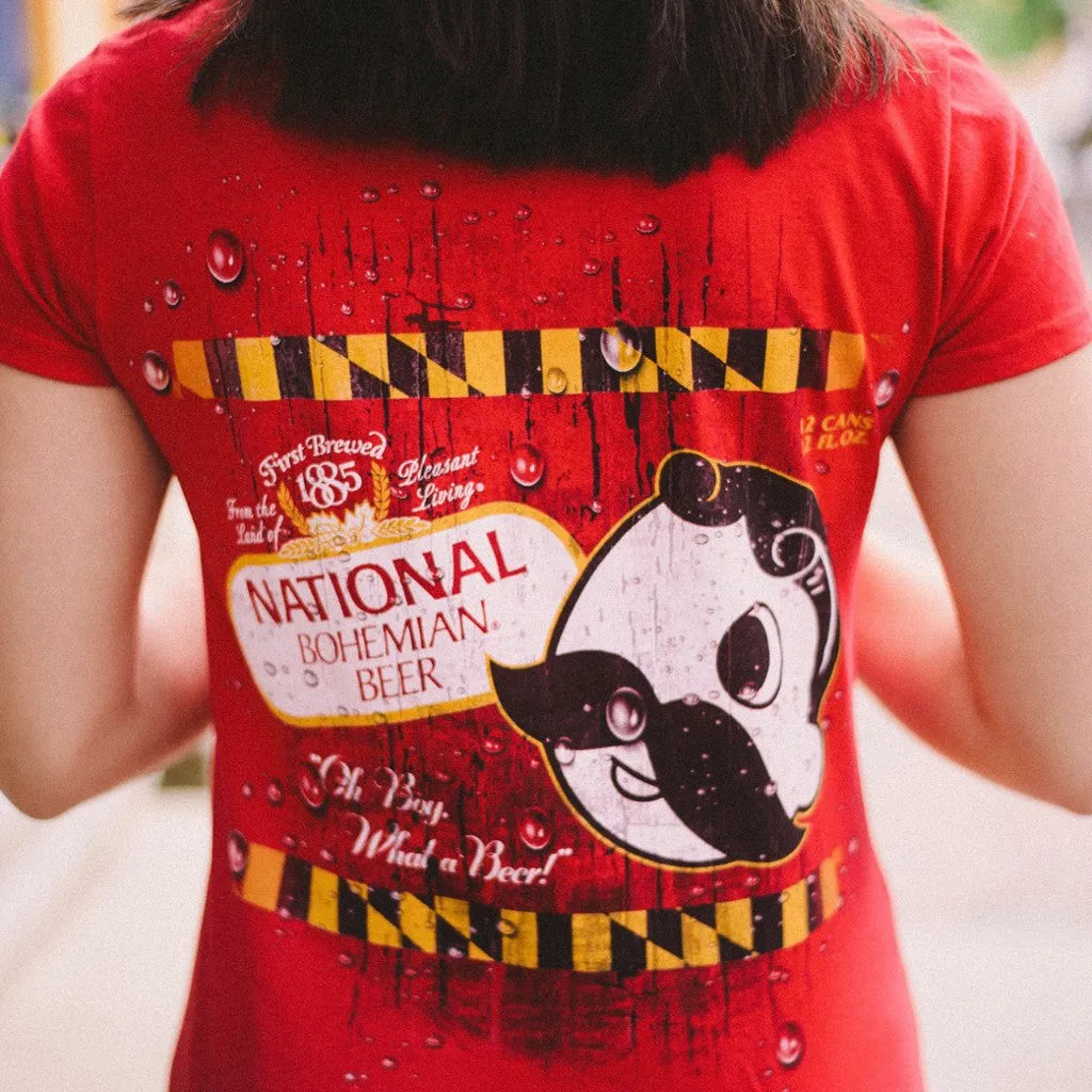 National Bohemian Logo w/ Calvert Stripes (Red) / Ladies V-Neck Shirt