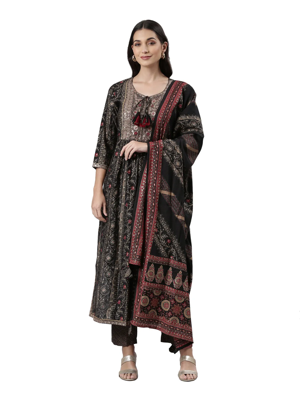 Neeru's Black Regular Calf Length Printed Readymade Suits