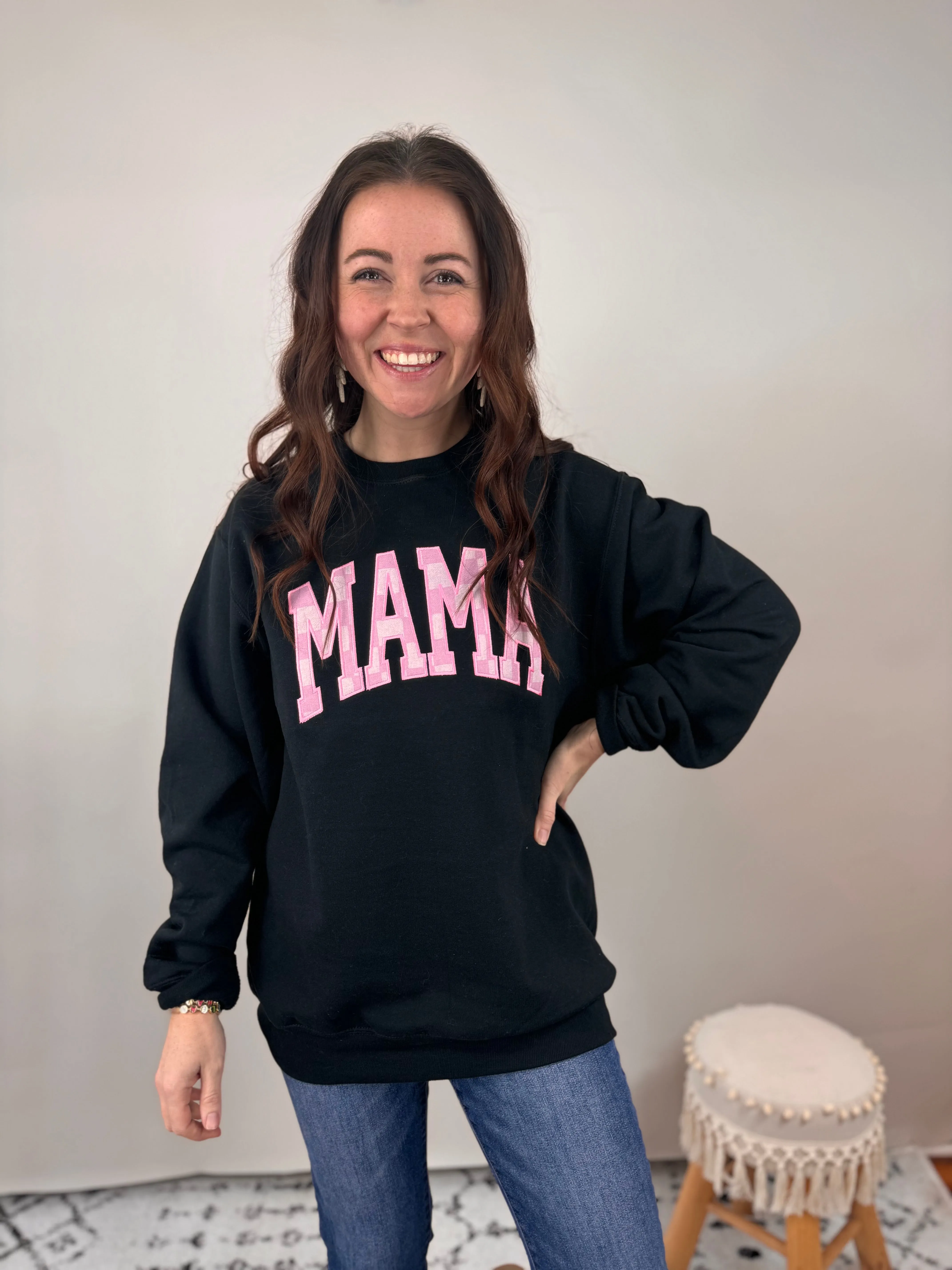 Pink Checkered Mama Fleece Crewneck