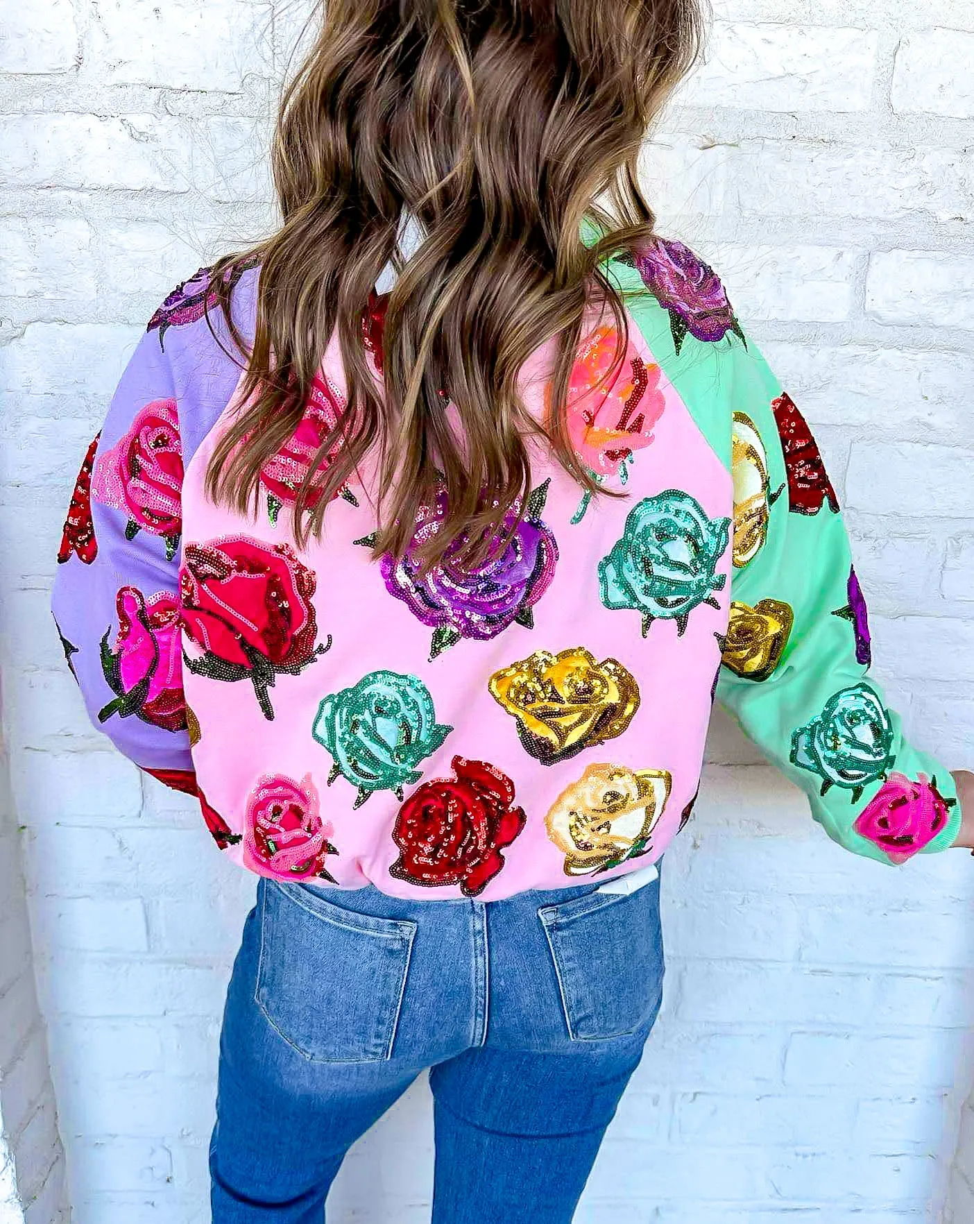 Queen Of Sparkles Velvet Roses Colorblock Sweatshirt