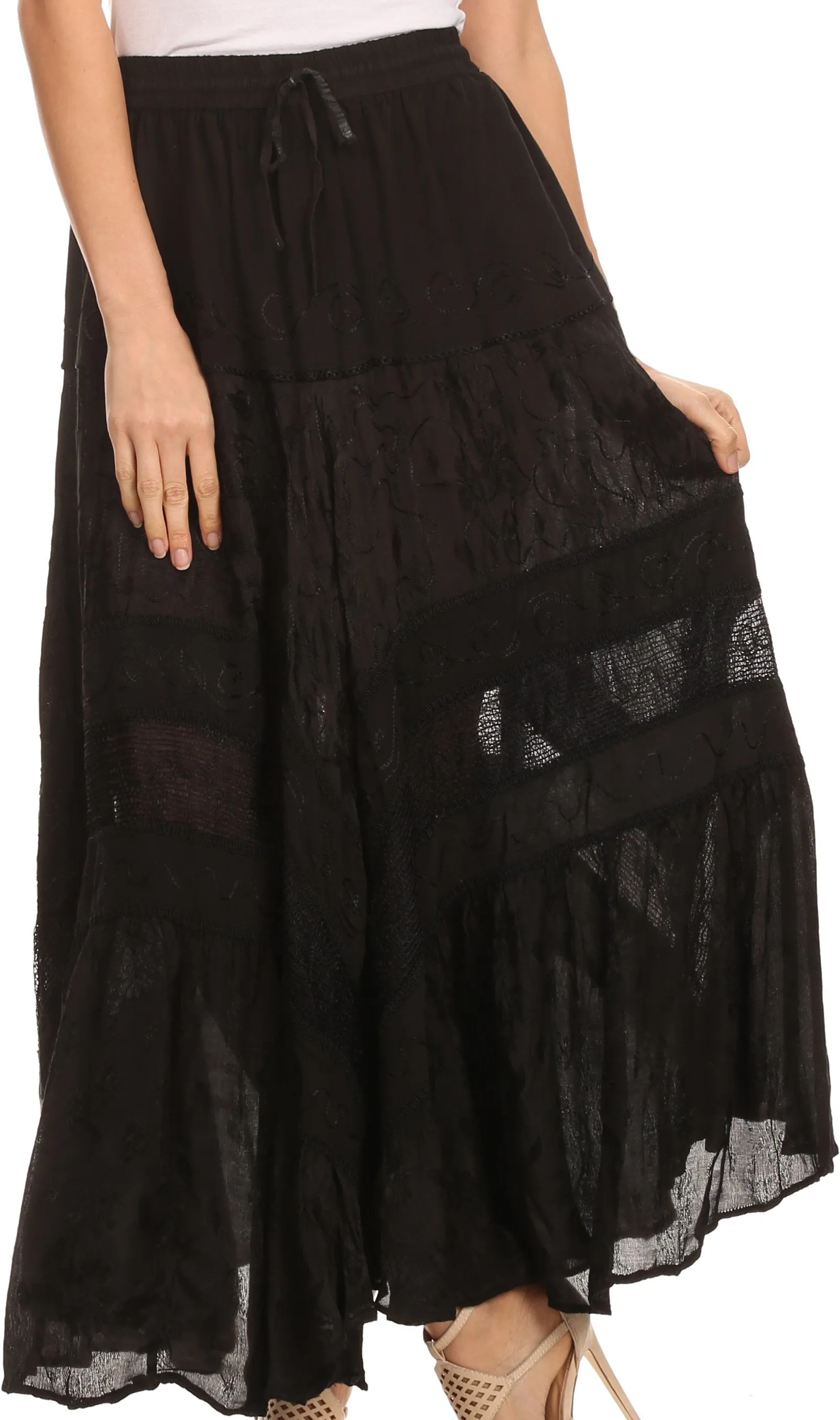 Sakkas Alber Adjustable Waist Boho Skirt With Detailed Embroidery With Ruffle Trim